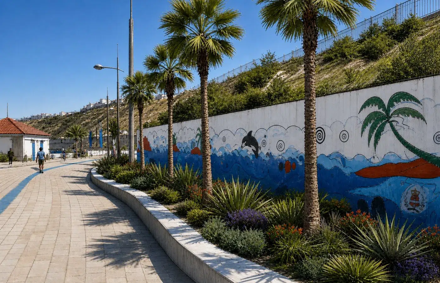 Entrée plage Safi promenade palmiers fresque murale — paysagiste Maroc