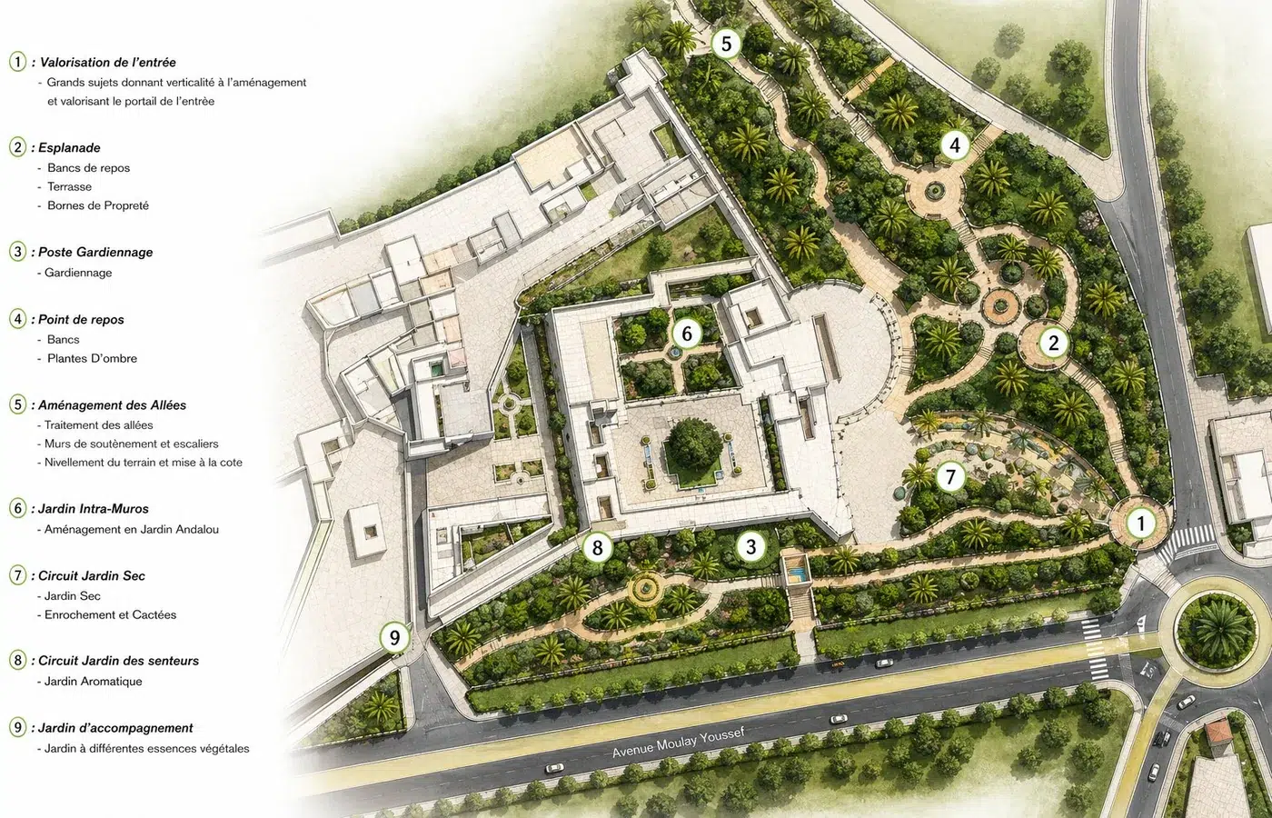 Plan masse Jardin des Remparts Dar Soltan Safi — 9 espaces paysagers