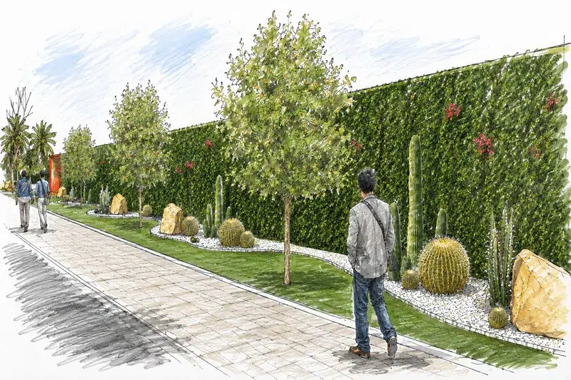 Jardin sec cactées agaves promenade Consulat France Marrakech