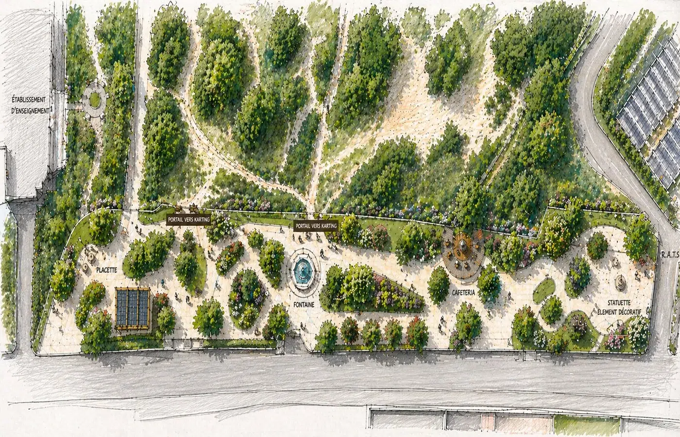 Plan masse Place Al Massira Safi — fontaine cafeteria promenade paysagiste Maroc