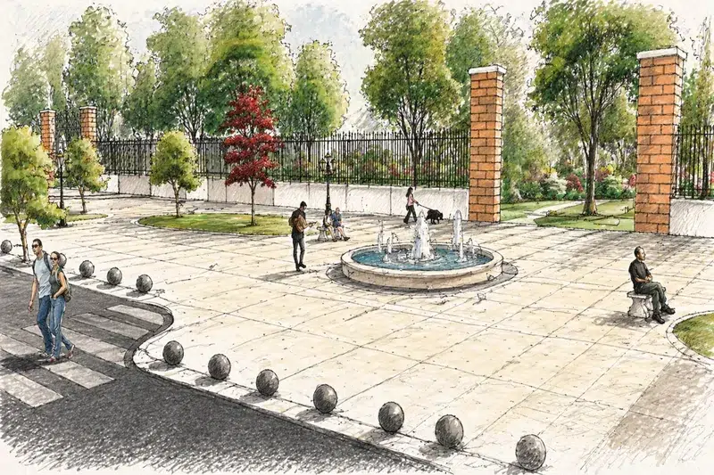 Perspective Place Al Massira fontaine arbres Safi — paysagiste Maroc