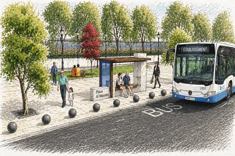 Place Al Massira arrêt bus mobilier urbain arbres Safi