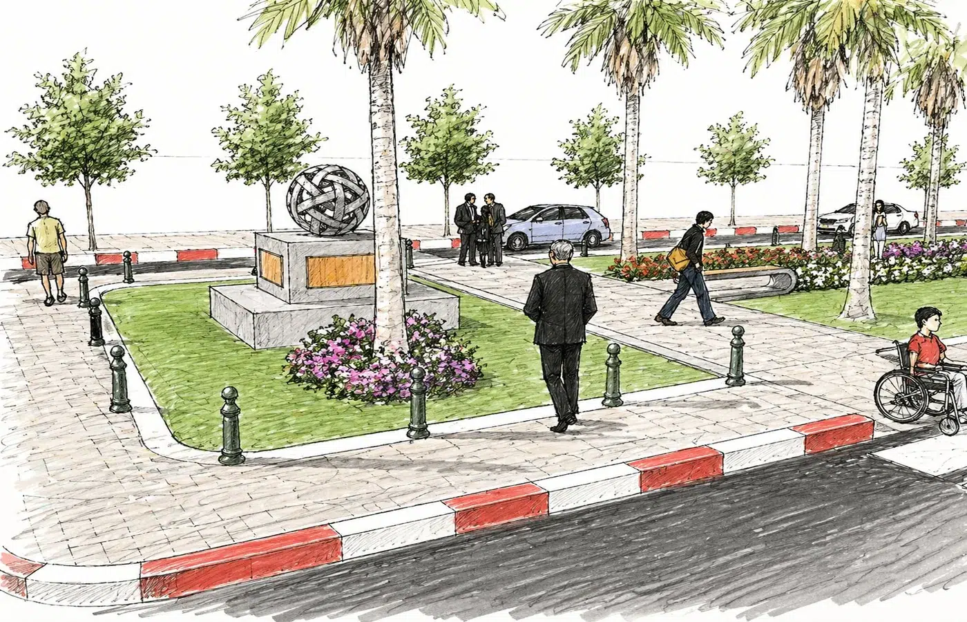 Promenade Boulevard Safi sculpture palmiers massifs fleuris — paysagiste Maroc