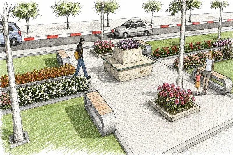 Promenade Boulevard bancs mobilier urbain massifs fleuris Safi