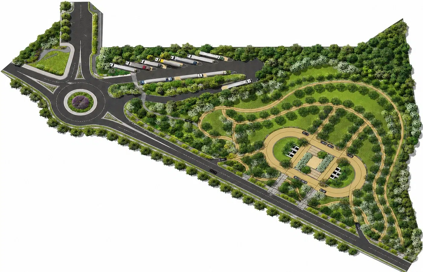 Plan masse Parc Périurbain rond-point aire repos pergola — paysagiste Maroc