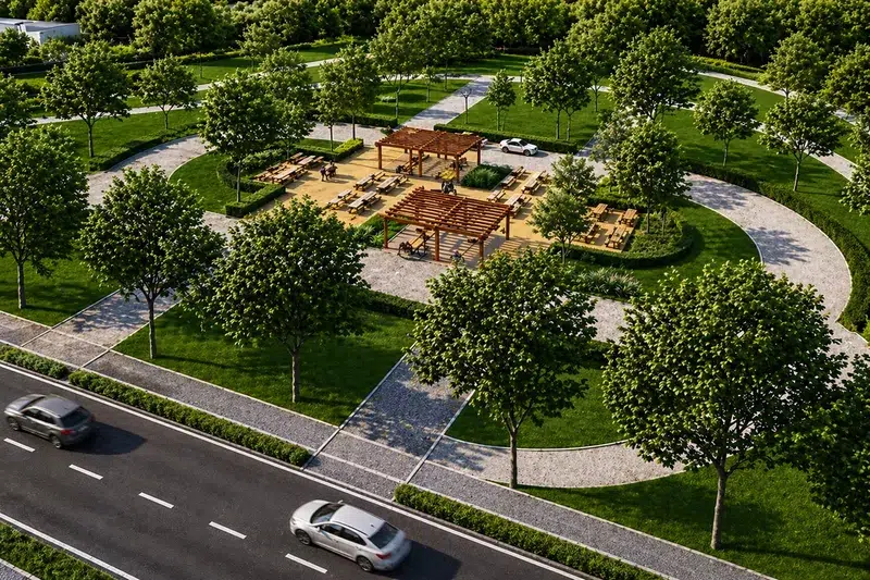 Parc périurbain vue aérienne pergola aire repos arbres — paysagiste Maroc