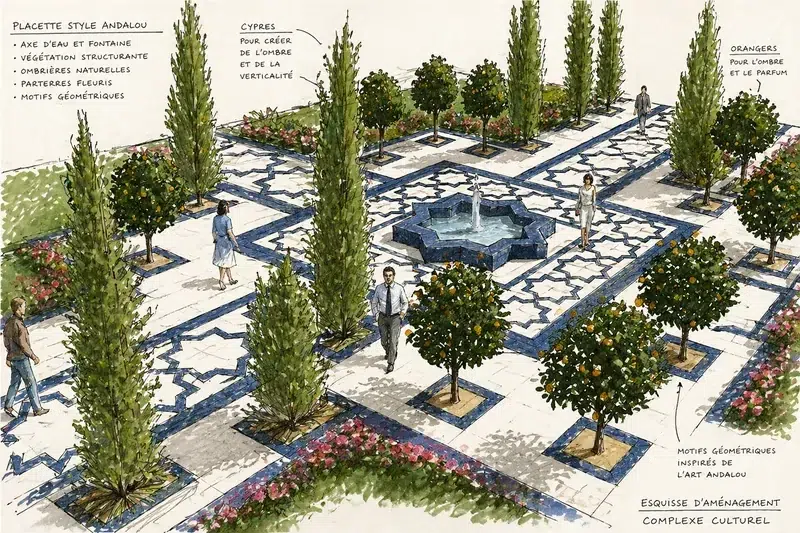 Placette style andalou cyprès orangers motifs géométriques — paysagiste Maroc