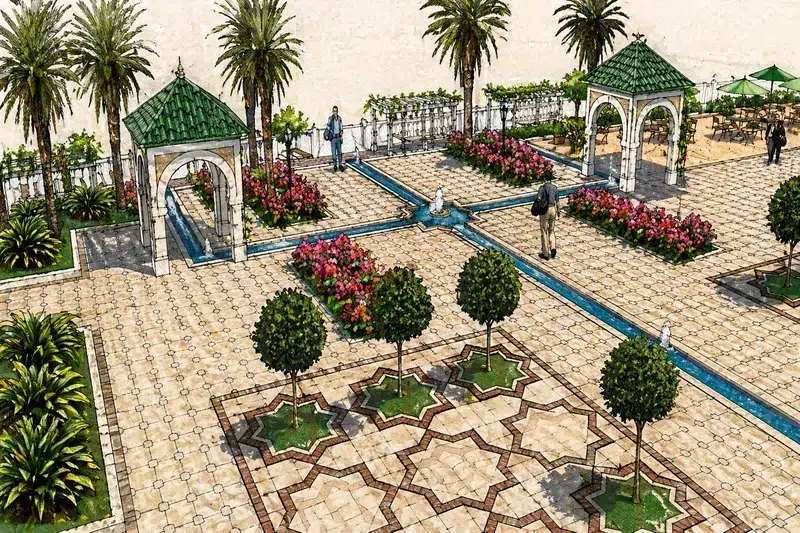 Jardin islamique rigoles pavillons mauresques Complexe Culturel Maroc
