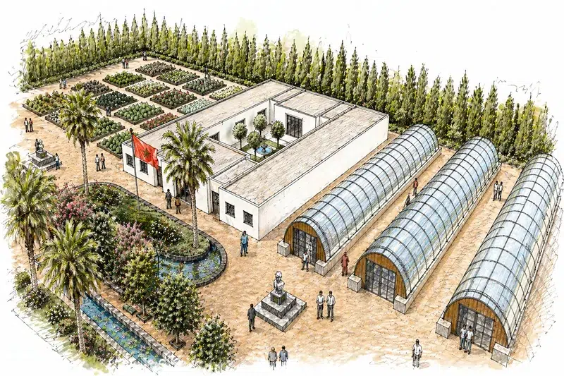 Vue perspective Jardin Botanique Agadir serres bâtiment