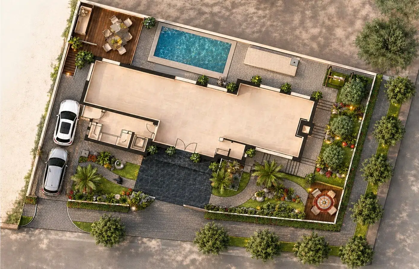 Villa Kacem vue aérienne jardin piscine paysagiste Maroc