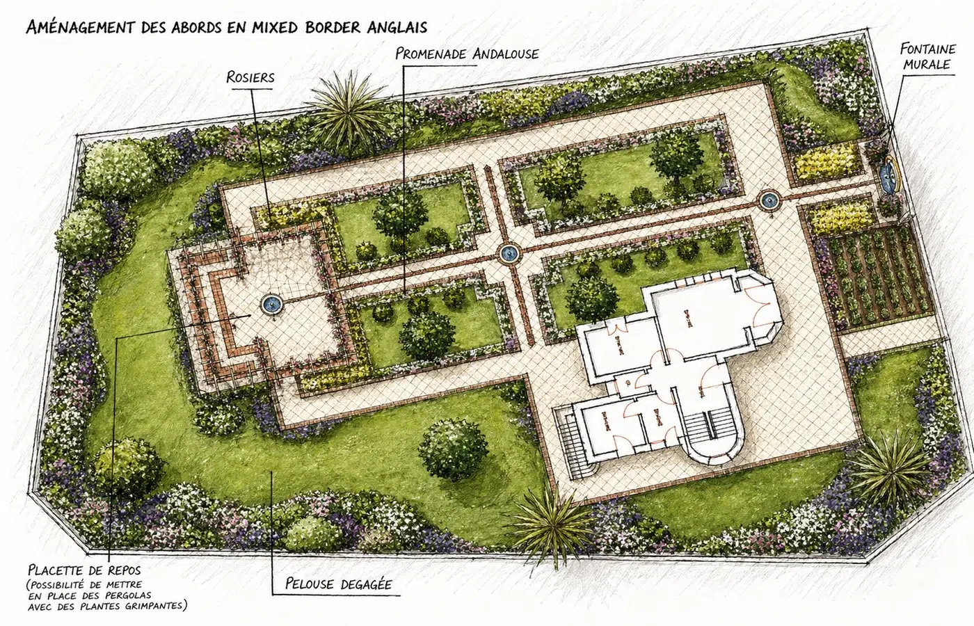 Plan masse Villa Yvonne Safi — jardin andalou mixed border anglais