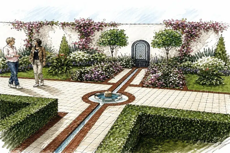 Jardin andalou rigole fontaine Villa Yvonne Safi — paysagiste Maroc