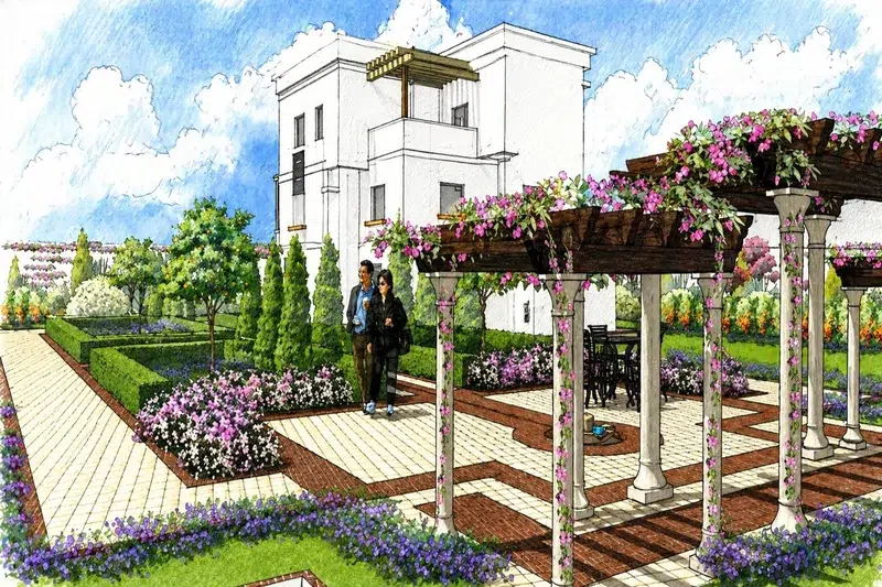 Vue perspective pergola bougainvillées jardin Villa Yvonne