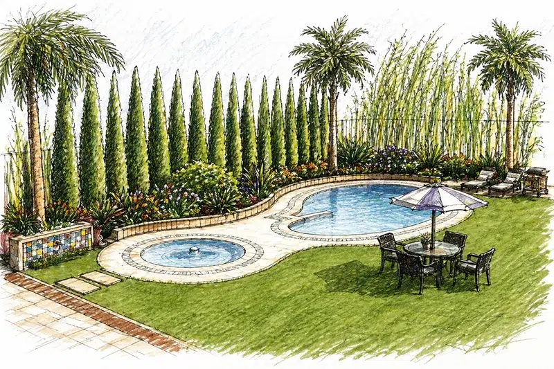 Jardin piscine cyprès palmiers Villa H. Youness Mohammedia
