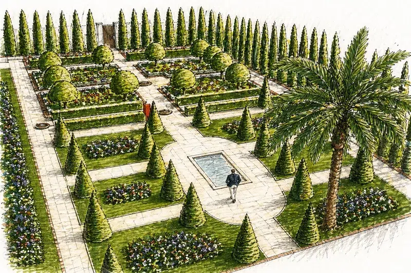 Jardin formel topiaires conifères bassin Villa H. Youness