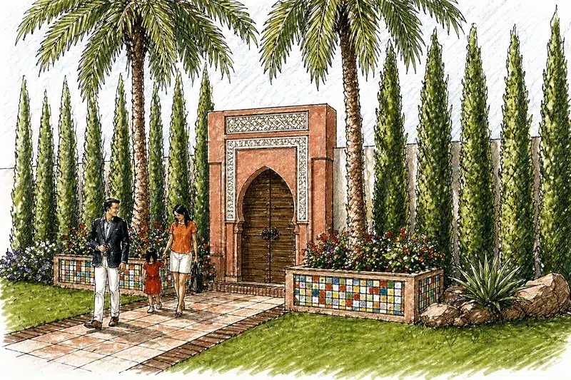 Portail marocain entrée palmiers cyprès Villa Youness Mohammedia