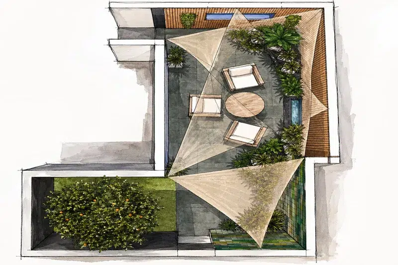 Plan masse aquarellé patio oranger Résidence S. Youssef