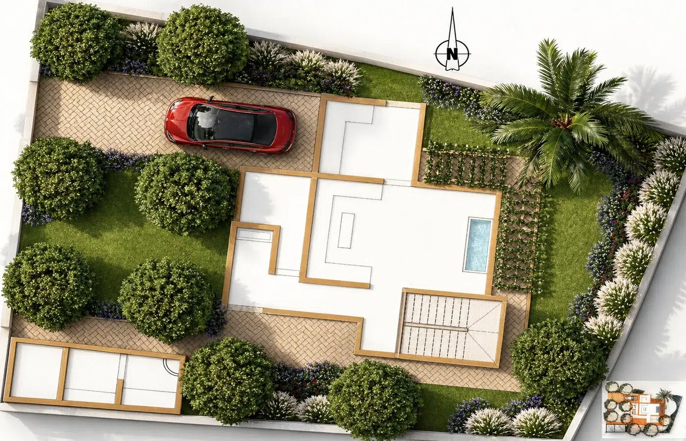 Plan masse villa de campagne vue aérienne 3D — paysagiste Maroc