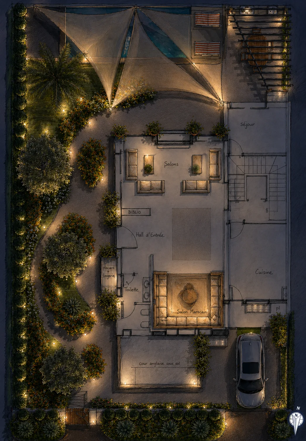Villa H & S - plan paysager de nuit